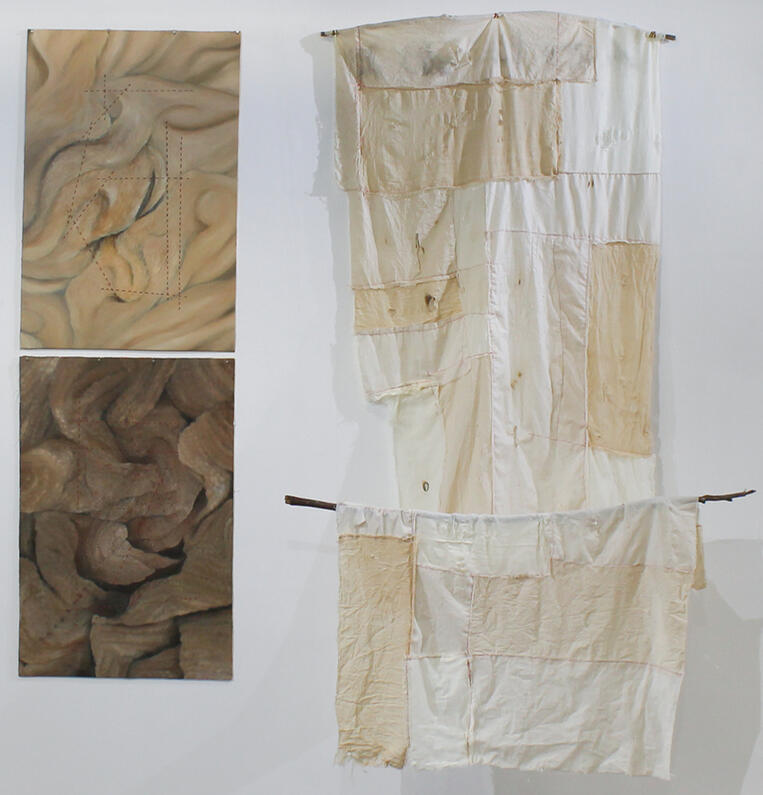 Left to right: Philadelphia, TN, 24"x36", Oil on Canvas, 2024; Alpine, CA, Oil on Canvas; persistent rehabilitation, Roughly 3'x10', Hand-dyed fabric remnants, sticks, red thread