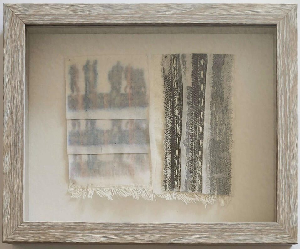 irradiant evocation, 6.5"x5.5", Digital illustration transferred onto fabric remnants with cotton stitching