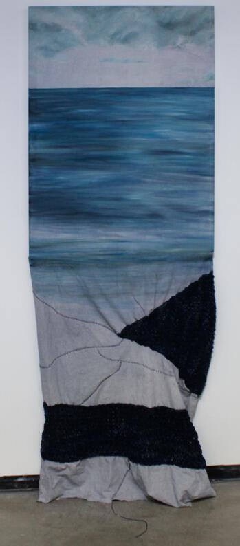 forced thalassophilia, Roughly 30"x70", Oil on hand-dyed fabric remnant, freehand crochet, thread
